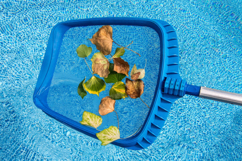 Flat-lay of pool maintenance tools—skimmer net with telescoping pole, pool brush, water test strips, chlorine containers, filter cartridge, and protective gloves—neatly arranged on a pool deck with crystal-blue water in the background.