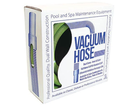 Green pool vacuum hose in a white and blue box