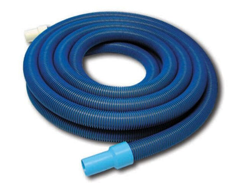 Coiled blue pool hose with a white and blue fitting on a white background