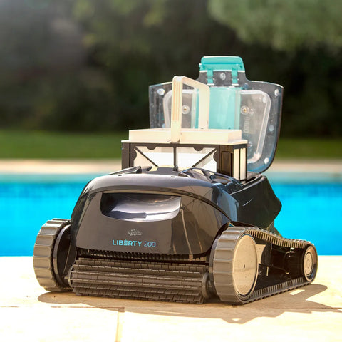 Maytronics Dolphin Libery 200 Robotic Pool Sweep with top open and basket out