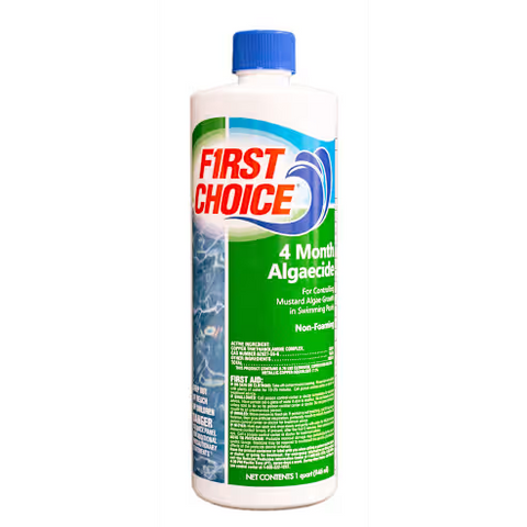 First Choice 4-Month Copper Algaecide 32 oz bottle for pool chemical treatment at Benchmark Pool Supply