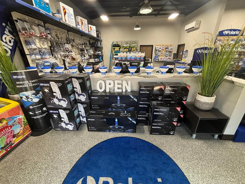 Benchmark Pool Supply Clovis store interior with pool equipment, Polaris cleaners, and pool supplies in Clovis CA