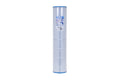A single cylindrical replacement filter cartridge standing upright on a light gray studio background. The filter is transparent with blue plastic end caps and a white label in the center.