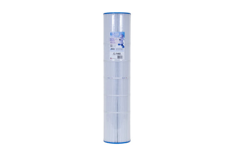 A single cylindrical replacement filter cartridge standing upright on a light gray studio background. The filter is transparent with blue plastic end caps and a white label in the center.